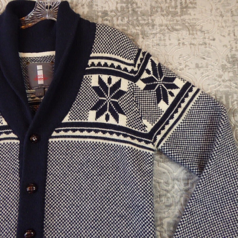i Jeans by Buffalo Sweater Mens Large Blue Shawl Cardigan Fair Isle Nordic Wool - Picture 3 of 14